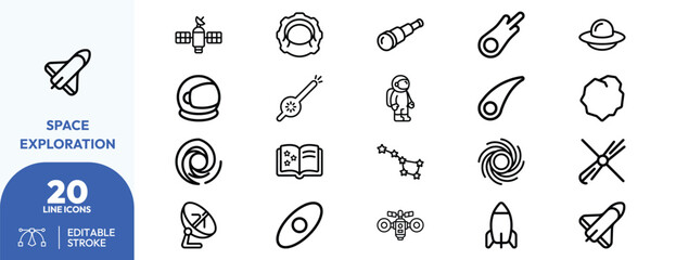 Celestial Discovery set. Containing astronaut helmet, nebula, satellite orbit, meteor trail, telescope, spacecraft. Editable stroke. Vector illustration. © khopidd232