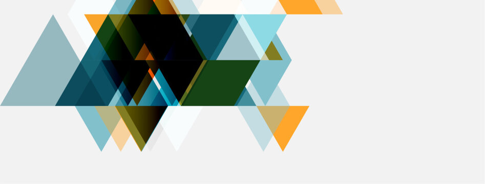 Abstract geometric shapes overlap, creating dynamic composition. Blues, greens, oranges dominate neutral background. Modern design.