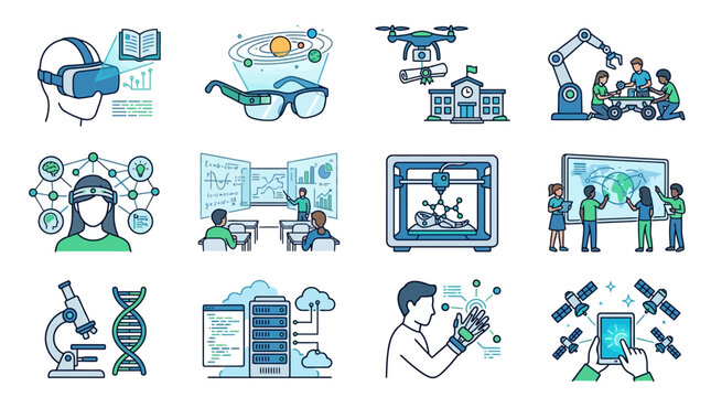 Sleek Illustrated Guide to Cutting Edge Technology and Futuristic Education Concepts with Vibrant Blue Green Graphics