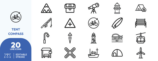 Naklejka premium Adventure Navigation set. Containing directional arrow, warning sign, lighthouse, camping tent, surfboard, telescope, windmill, helicopter, suitcase, fire. Editable stroke. Vector illustration.