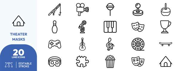 Entertainment Props set. Containing game trophies, theater masks, musical instruments, stage props, game controllers, and bowling pins. Editable stroke. Vector illustration. © khopidd232