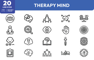 Fototapeta premium Cognitive Therapy Visuals set. Containing brain activity, meditation pose, emotional support hand, therapy tools, session symbols, and wellness . Editable stroke. Vector illustration.