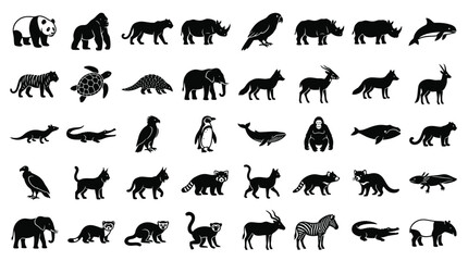 Collection of forty black wild animal silhouette icons including panda, tiger, elephant, whale, and gorilla, isolated on white background for nature and conservation design. © Saida Nahdhoh