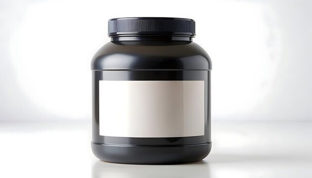 A black plastic supplement container with a white label sits on a white surface.