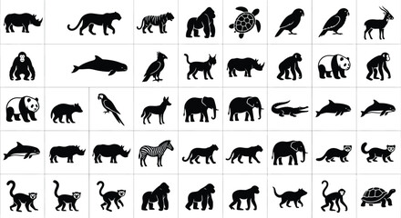 Comprehensive grid of 40 minimalist black animal silhouettes featuring wild mammals, birds, and aquatic life including tigers, elephants, gorillas, and dolphins on a plain white background. © Saida Nahdhoh