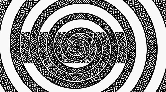 Abstract Intricate Spiral Pattern with Geometric Details Creating a Hypnotic Optical Illusion Background in Black and White