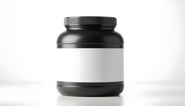 A black plastic supplement bottle with a white label sits on a white surface