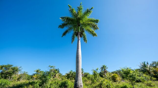 Tall Royal Palm Tree Against Clear Blue Sky in Tropical Landscape.