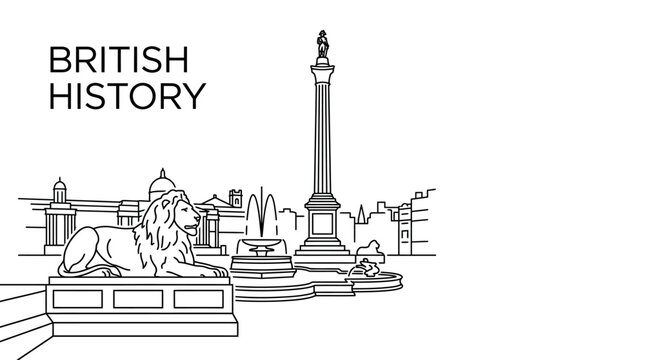 Line art illustration of Trafalgar Square featuring Nelson Column and lion statue.