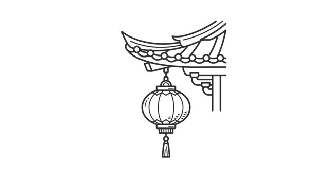 A detailed black and white line art illustration of a traditional Chinese roof corner with a hanging lantern.