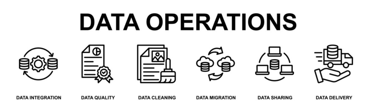 Data Operations Banner Web Outline Icon Vector Illustration Concept for Technology with Icons of Data Integration, Data Quality, Data Cleaning, Data Migration, Data Sharing, Data Delivery