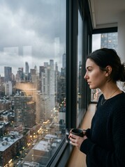 Fototapeta premium Woman Looking Out Window at Cityscape Holding Coffee Cup.