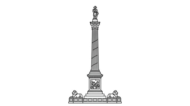 A detailed line art illustration of the Nelson Column monument in London.