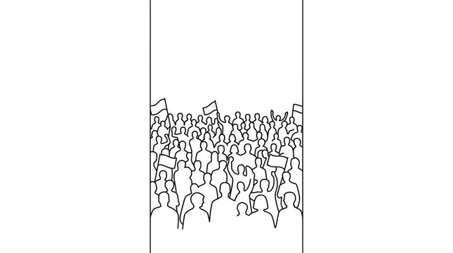 A crowd of people protesting with signs and flags.
