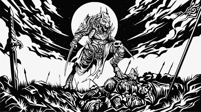 Full moon - Powerful Werewolf Warrior Standing over a Fallen Knight on a Moonlit Battlefield in Heavy Armor, High Contrast Dark Fantasy Illustration