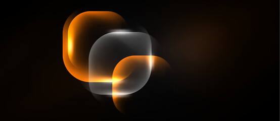 Naklejka premium Abstract design features glowing rounded squares overlapping dark background. Orange, white hues create dynamic visual effect.