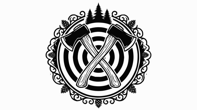 Rustic vintage lumberjack logo featuring crossed axes on a target with a forest emblem and pine cone decorative border for axe throwing