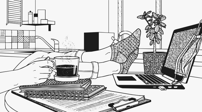 Cozy illustration of a person doing remote work at home with their feet in socks resting on a table beside a laptop and holding a hot coffee cup