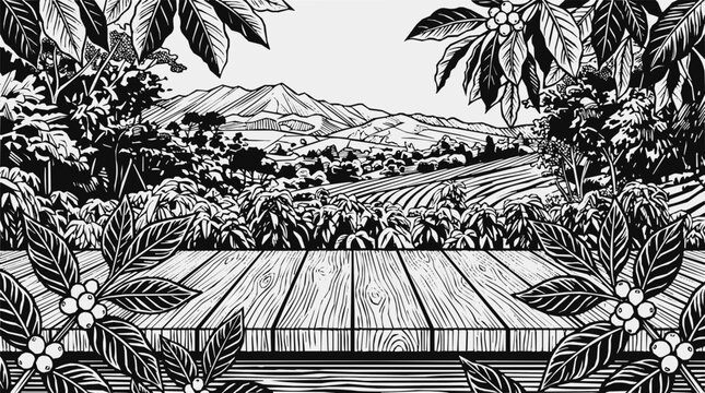 Engraving - Beautiful coffee plantation view featuring a wooden table and mountain landscape with coffee beans shown in a classic botanical