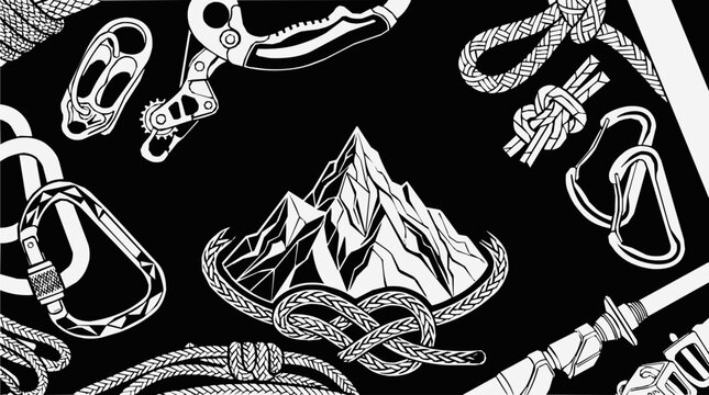 Alpinism - Professional Climbing Gear collection featuring a Mountains peak, heavy duty Rope, and various Carabiner types for mountaineering and