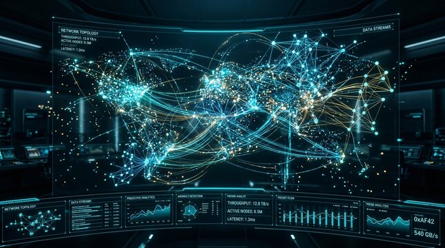 Futuristic command center interface displaying a glowing global map with complex data connection trails.