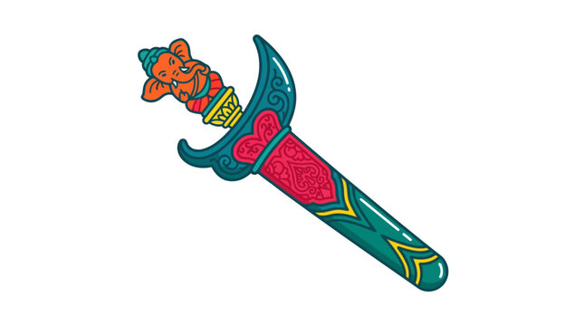 A colorful illustration of a traditional Javanese kris dagger with an ornate handle.