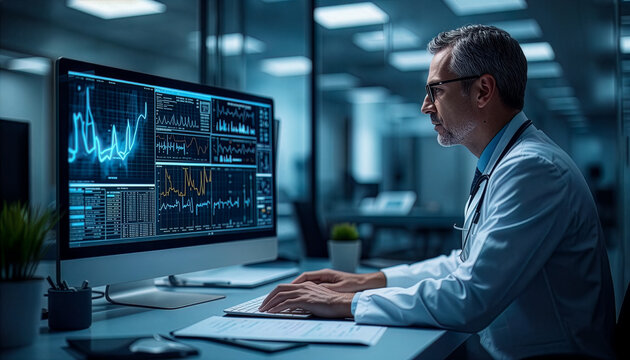 Medical specialist reviewing health charts on multiple screens in digital workspace. Healthcare technology concept featuring data analysis, monitoring, diagnosis, and professional decision making