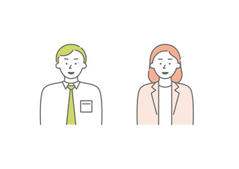 Obraz premium 喜怒哀楽の「楽」の表情をしている二人組のビジネスパーソンのイラストセット2（黄緑・ピンク）