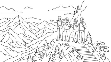Obraz premium Group of four hikers standing on a mountain peak looking at the view.