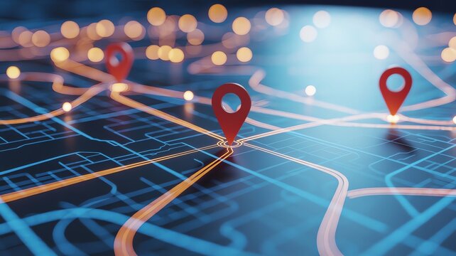 Digital map interface with red location pins and glowing connectivity lines for smart city navigation