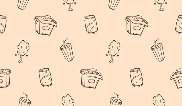 Fast food doodle background. Snacks pattern background. Fried chicken seamless pattern. Line art of drink and eatery hand drawn with soft drink, chicken, wing, soda.