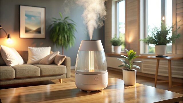 A sleek air humidifier sits serenely in a cozy contemporary haven bathed in soft warm lighting and gentle haze