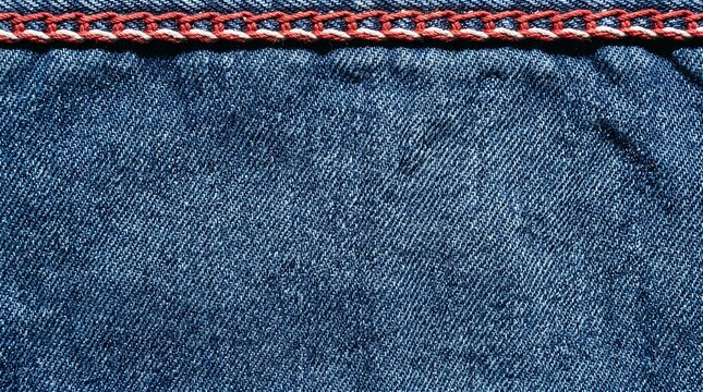 Blue Denim Fabric Texture with Red and White Thread Detail