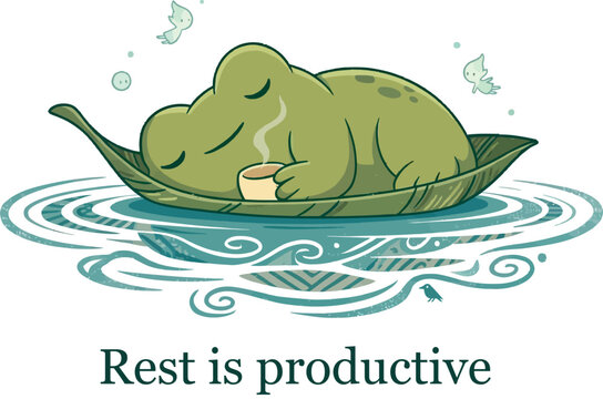 Cute Frog Sleeping on Leaf with Tea Illustration, Rest is Productive Quote. Whimsical illustration of a sleeping green frog on a floating leaf boat, holding a warm cup of tea