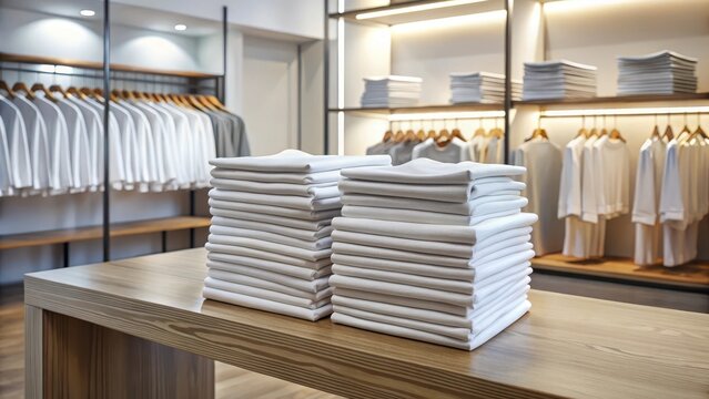 A stack of crisp white label tshirts neatly folded on a minimalist boutique rack in a sleek modern showroom