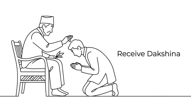 Line art illustration of a young man receiving blessings from an elder.