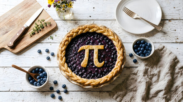 Fresh baked blueberry pie with a math pi symbol crust on top served on a rustic white wooden table for a celebration