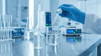 Fototapeta premium Laboratory scientist adding liquid to beaker with dropper in modern research facility for scientific experiment and drug development.