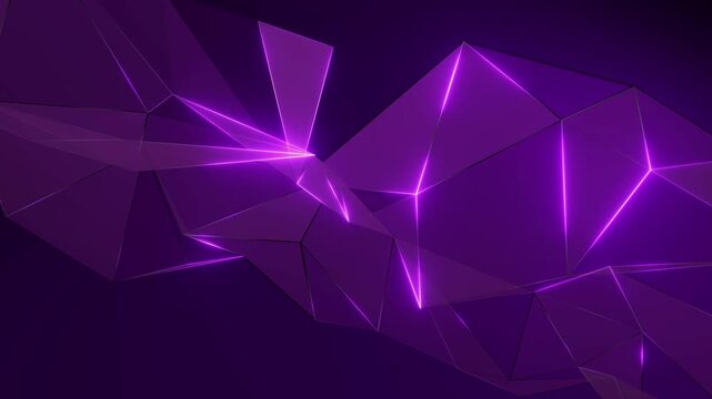 Dark purple 3D low poly surface with glowing magenta edges. Seamless geometric background.