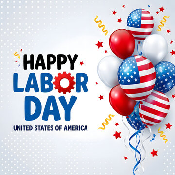 Happy Labor Day celebration in the United States with festive balloons. Patriotic red, white, and blue balloon cluster for American holiday events.
