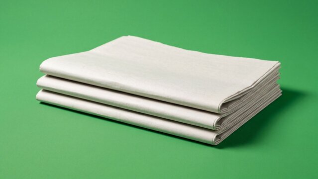 Blank folded white newspaper stack on plain green background mockup.
