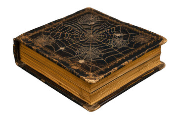 Old magic book featuring a dark leather cover with spider web motif and worn, golden-edged pages, ideal for gothic themes © Michael