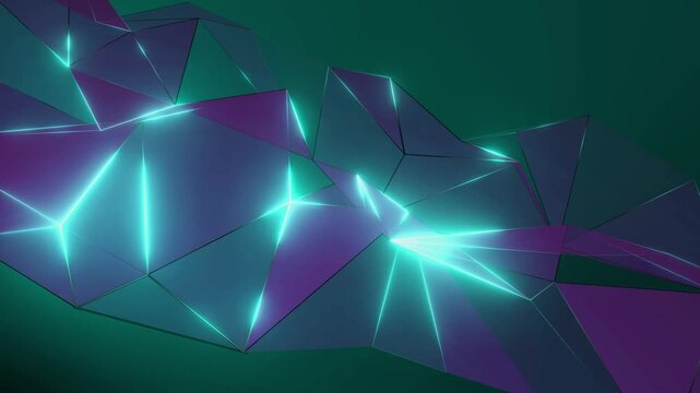 Purple and green 3D low poly surface with glowing cyan edges. Seamless geometric background.