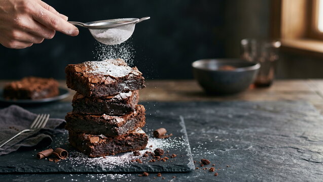 Brownies, stack of rich chocolate brownies dusted with powdered sugar on dark slate, sweet dessert indulgence, homemade treat preparation.