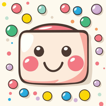 A cheerful cartoon marshmallow character surrounded by colorful candy circles, perfect for dessert themes.