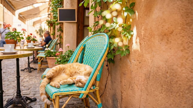 Cat sleeping peacefully on wicker chair at outdoor European cafe, depicting serene leisurely lifestyle.