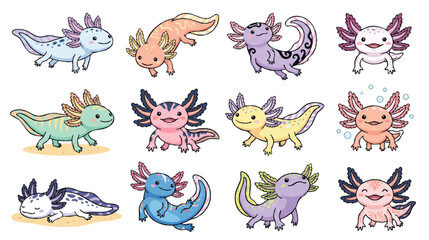 Fototapeta premium Adorable Collection of Cute Axolotl Cartoon Characters in Various Poses and Colors, Perfect for Whimsical Designs and Children's Illustrations