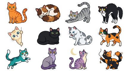 Fototapeta premium Cute Cartoon Cats Sticker Set with Various Breeds and Poses