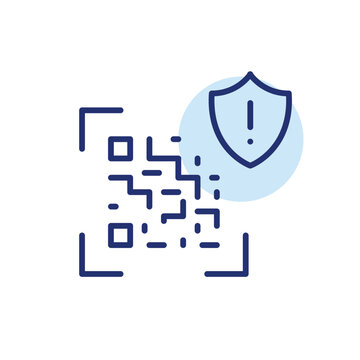 Payment security alert, fraudulent transaction warning, billing error notification. QR code and shield with exclamation mark. Pixel perfect, editable stroke vector icon