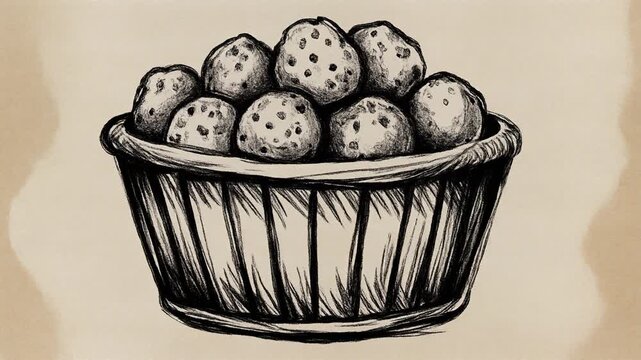 Sketch animation of round eggs appearing in a rustic basket